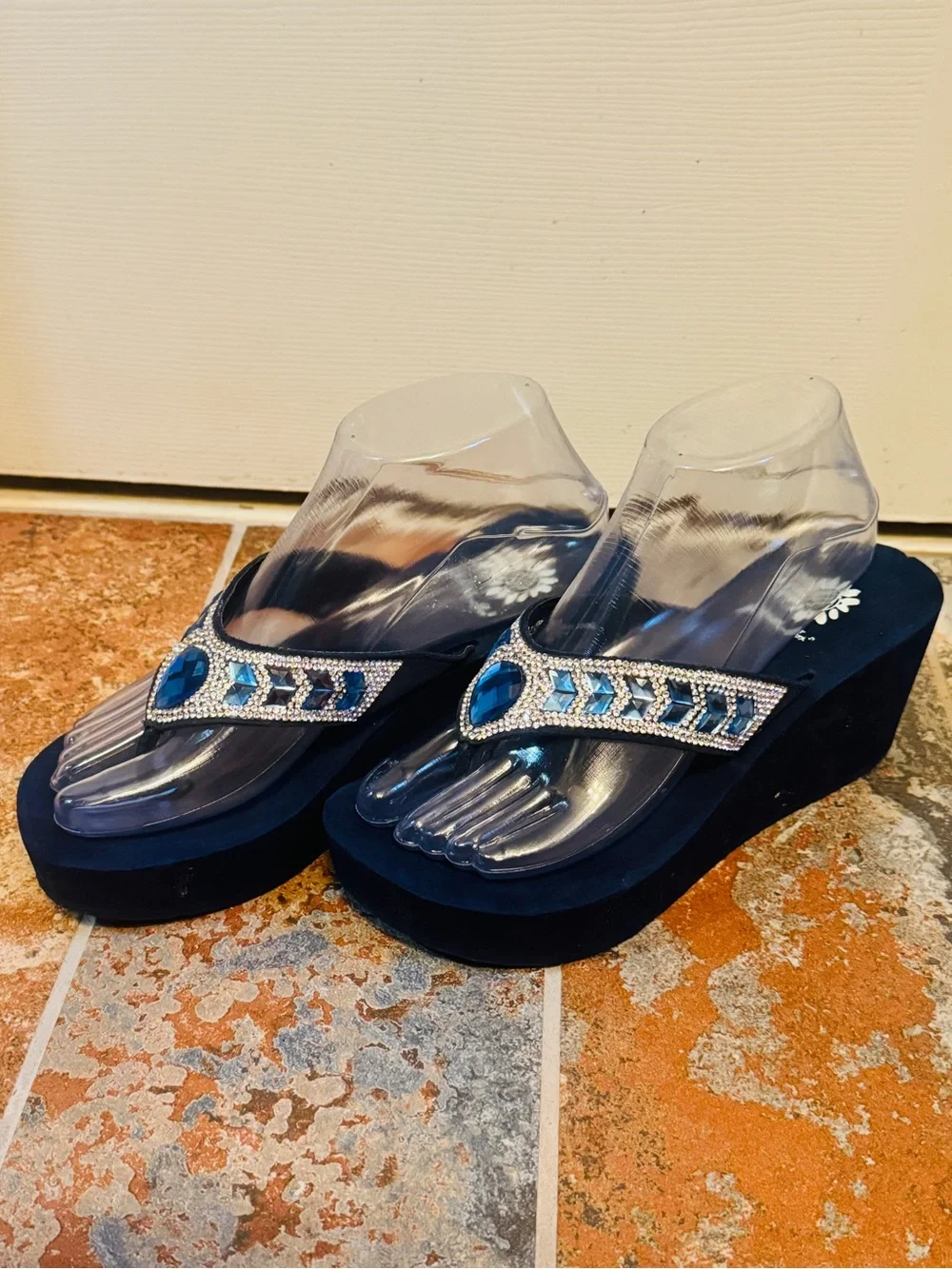 NWOB! Yellow Box Embellished Blue Gem and Rhinestone Platform Thong Sandals! - Picture 2 of 15